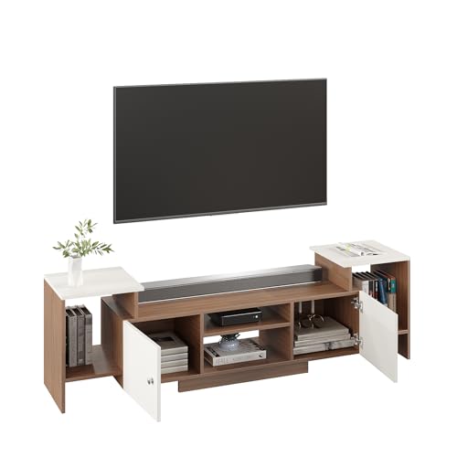Image of FURNEASER Eptimal Modern Wooden TV Unit for Living Room | Engineered Wood Entertainment Center with Storage | TV Stand for 65 Inch TVs | TV Cabinet with Shelves & Doors (Exotic Teak & White)