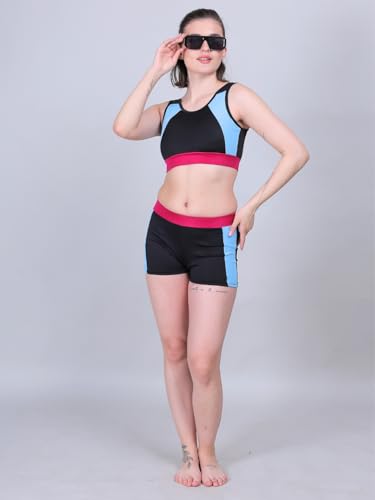 Image of High Waisted Two Piece Swimsuit with Shorts Sporty Padded Bikini Swimwear Set Comfortable Quick-Dry High Waist Bikini for Women