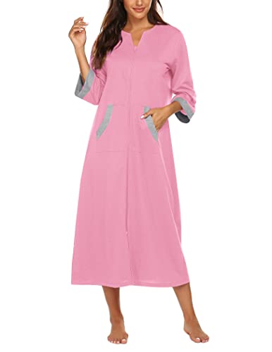 Image of Ekouaer Women Zipper Robe 3 /4 Sleeves Loungewear Dress Full Length Sleepwear Pockets Housecoat Nightgown Long Bathrobe