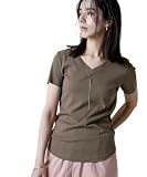 [ニッセン] Tシャツ カットソー レディース ＵＶカット 綿１００％ フライス素材 Ｖネック半袖Ｔシャツ カーキグレー L