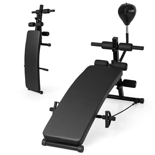 GYMAX 3 in 1 Decline Ab Bench with Speed Ball & Resistance Bands, 5-Level Adjustable, 300 lbs Weight Capacity