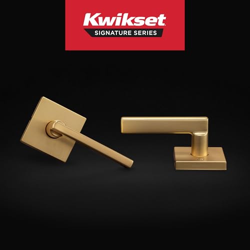 Image of Kwikset Halifax Slim Square Passage Door Lever, Modern Interior Hallway and Closet Door Handle, Non-Locking Reversible Leverset, Satin Brass Finish