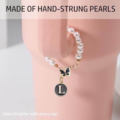 Image of Letter Charm for Stanley Cup,Pearl Chain Accessories Stanley Cup Initial Charms for Handle Stuff Decor Water Bottle Jewelry Tumbler Cute Personalized Name ID Decorations Black Tag (L)