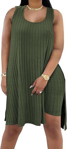 Tycorwd Women's Plus Size Two Piece Outfits Summer Sleeveless Tunic Tops Bodycon Biker Shorts Sweatsuits Sets Army Green-1XL