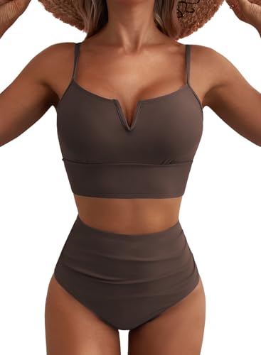 Herseas 2 Piece Bikini Set V-Wire Cutout Swim High Waisted 2025 Summer Beach Fashion Bathing Suits Beach Fashion Vacation Clothes Dark Brown Large