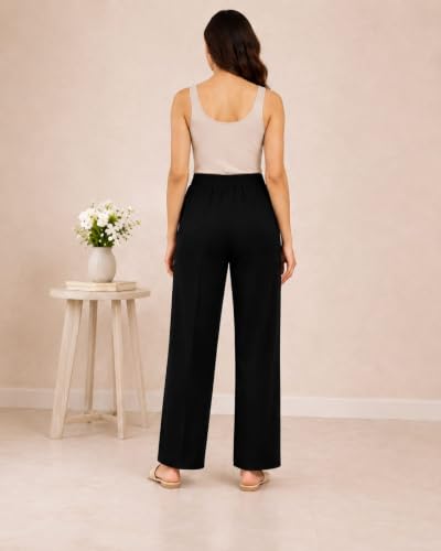 Image of Women's Mid Rise Wide Leg Trousers with Elastic Waist & Pockets