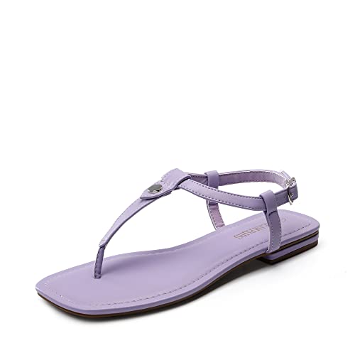 DREAM PAIRS Women's T-Strap Thong Flat Sandals with Cute Square Toe Strappy for Summer,Size 7.5,Purple,SDFS2301W