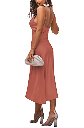 Image of LYANER Women's Satin Spaghetti Straps Cowl Neck Sexy Ruch Cocktail Midi Dresses