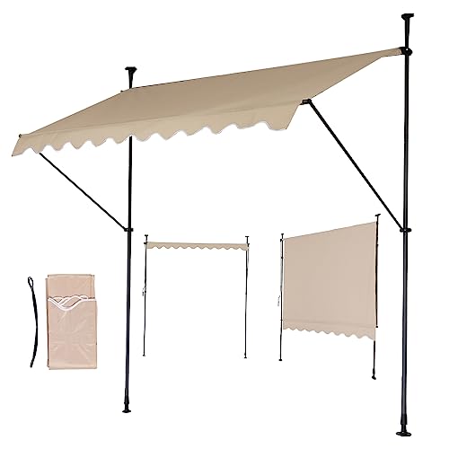 Mingone Klemmmarkise 3m Balkon Markise Wasserdicht Sonnenschutz Balkon ohne Bohren Freistehende Faltmarkise Markise mit Handkurbel, Beige, 300x120cm