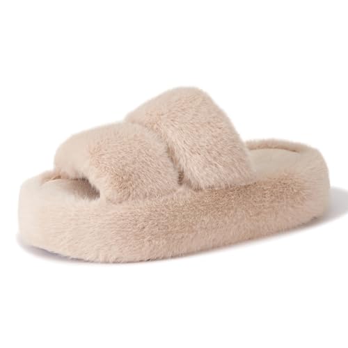Open Toe Slippers For Women House Platform Cute Indoor Bedroom Fuzzy Shoes Home Summer Height-Increasing Slippers Cozy Fluffy Outdoor White Slides Trendy Gift