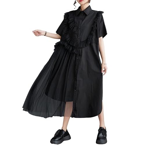 ellazhu Women's Short Sleeves Solid Color Tulle Dress Button Down Shirt Dress GZ181 A Small-X-Large Black