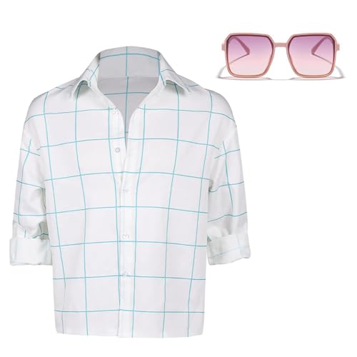 Lizagnur Mens Jinu Demon Hunters Cosplay Costume White Plaid Shirt Halloween Jinu Costume (White - with Glasses, XX-Large)