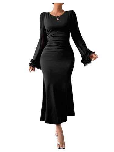 BEAUDRM Women's Ruffle Maxi Dress Long Bell Sleeve Fishtail Hem Bodycon Long Dresses Black Medium