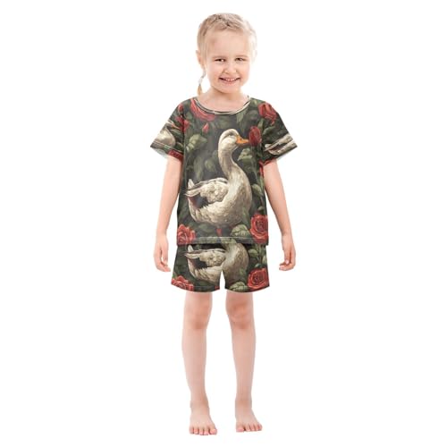 Pajama Sets Short Sleeve Duck Among Red Roses Soft Cotton Summer Sleepwear 2 Piece PJS Size 5-14T4