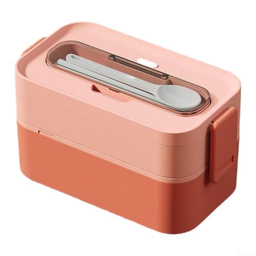 Image of Glewi 2 Layer Leakproof Adult Lunch Box Stackable Container with Silicone Seal and Buckles, Microwave Safe without Lid, Spacious for Balanced Meals Anywhere (Pink)