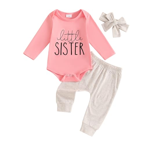 Image of Rarjuiey Newborn Baby Girl Outfits Little Sister Coming Home Outfit Lil Sis Romper Tops Pants Headband 3Pcs Summer Clothes