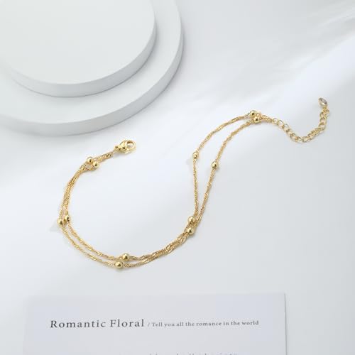 Image of Gold Ankle Bracelets for Women,14k Gold /Silver Plated Waterproof Layered lightweight Cuban Link Figaro Chain Heart anklet Bracelets Set Gold Anklets for women Trendy Jewelry Gift