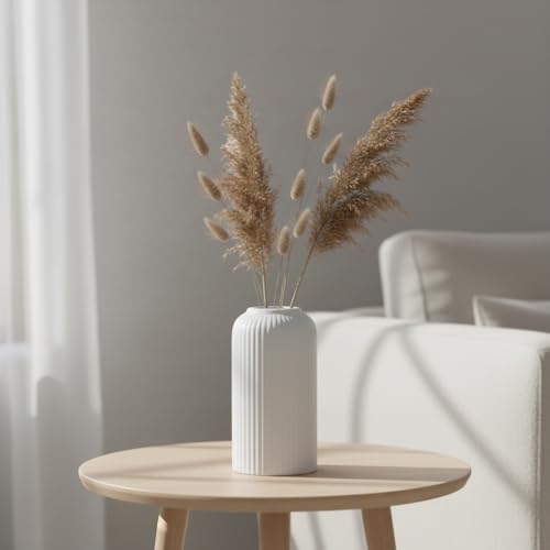 Image of White Ribbed Ceramic Flower Vase 6 Inch Matte Pampas Grass & Dried Flower Vase for Home & Office Table Decor Decorative Centerpiece Gift - Vase Only