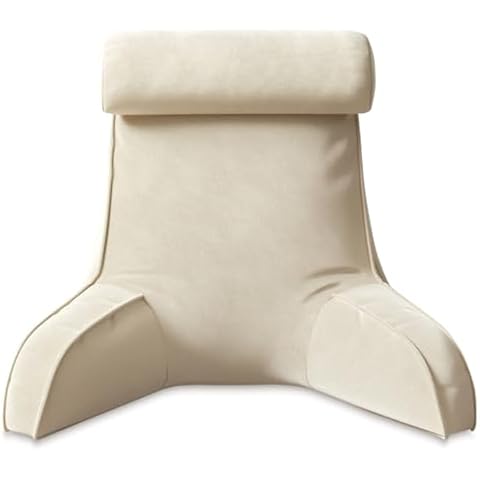 NXHMSWYG Reading Pillow for Bed Adult Size, Back Pillow for Sitting in Bed, Shredded Memory Foam Bed Chair Pillow with Arms, Pockets, Washable Cover (Beige, Large) Cover
