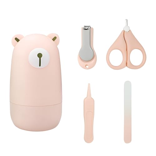 Kit Cortador de Unhas para Bebê com Tesoura Pinça Lixa Estojo de Urso e Design Seguro Portátil (Rosa)