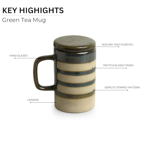 Image of ExclusiveLane 'Teal Stripes' Ceramic Green Tea & Coffee Mug with Lid (Non Air-Tight, 320 ml, Microwave Safe)|Hand Glazed Ceramic Green Tea & Coffee Mug with Lid Drinkware Ceramic Green Tea Mug
