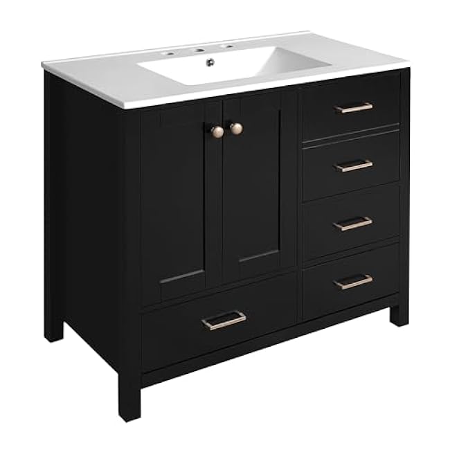 Modern Bathroom Vanity with Ceramic Sink Combo, Solid Wood Frame Bathroom Storage Cabinet with 4 Drawers& Soft Closing Doors, Freestanding Vanity Set