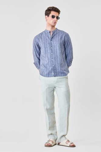 Image of SNITCH Men Casual Shirt | Regular Fit Full Sleeve Mandarin Collar Striped Design | Polyester Cotton Linen Blend & Breathable Fabric for Smart Casual