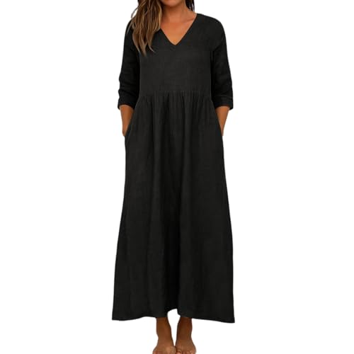 Sommerkleid Damen Lang Leinenkleid Damen Frühling und Herbst Kleid 3/4 Ärmel V Ausschnitt Langes Kleid Loose Solid Farbe Baumwolle Leinen...