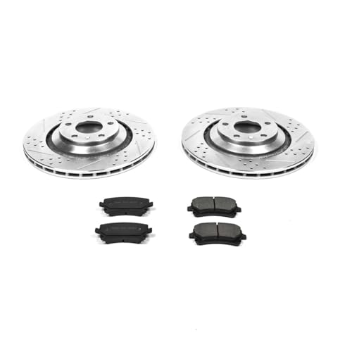 Image of PowerStop Rear Brake Kit for Audi A6 2006 | Audi A6 Quattro 2005-11 - Drilled and Slotted Disc Rotors with Carbon-Fiber Ceramic Brake Pads Replacement, K4567