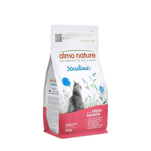 Almo Nature Sterilised – Trockenfutter für Sterilisierte Katzen mit Frischem Lachs – Mit Niedrigem Magnesiumgehalt und Ballaststoffen zur Gewichtskontrolle – 400g Beutel