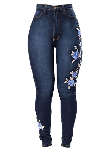 Andongnywell Women Stretch Jeans Embroidery Rose High Waist Butt Lift Denim Pants Flower Sexy Skinny Jegging Jeans