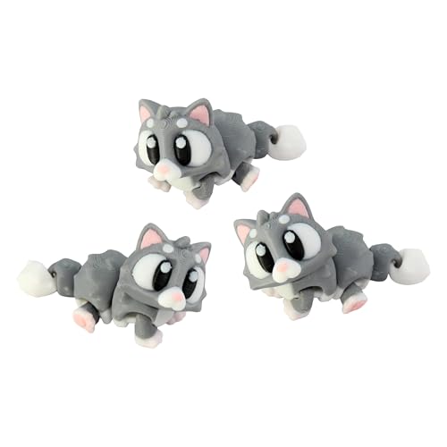 3D Printed Articulated Cat Fidget Toy 3 Pack – Flexible Cute Animal Desk Decor, Adult Stress Relief Collectible – 3D Printed in USA