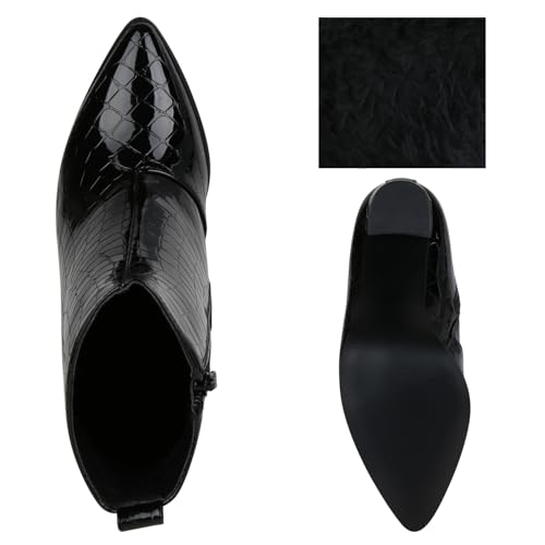 VAN HILL Damen Klassische Stiefeletten Leicht Gefütterte High Heels Spitze Boots Absatzschuhe Snake Print Schuhe 195789 Schwarz Kroko Lack 37
