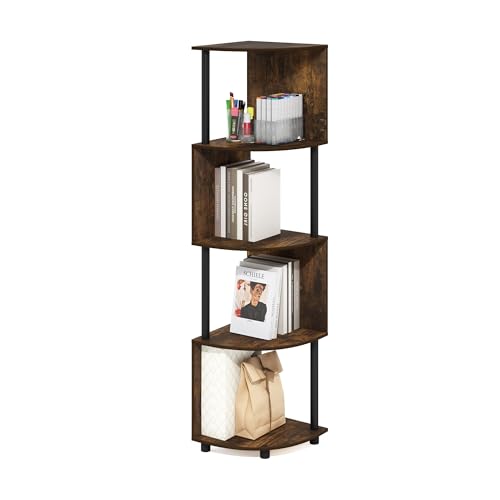 Image of Furinno ECON Corner Shelf, 4-Tier Corner Book Shelf, Zigzag Storage Shelves, Display Rack, Bookshelf, for Organization and Storage, Living Room, Home Office, Amber Pine