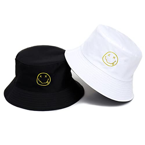 Smiley Face Bucket Hat for Women Men Double Side Embroidery Black Bucket Hats Outdoor Summer Beach Sun Hats