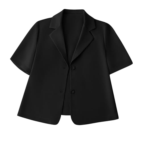 Womens Short Sleeve Cropped Blazer Lightweight Button Front Business Jacket Notched Lapel Work Office Suit Blazers