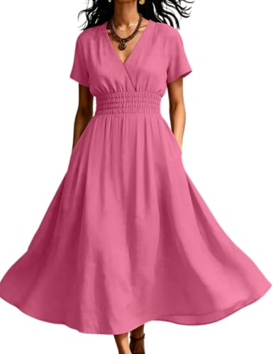 Robe longue d'été décontractée col en V taille haute plissée