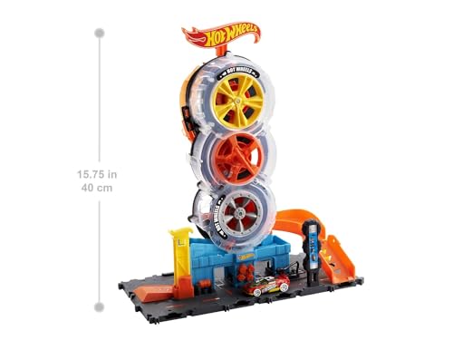 image for Hot Wheels Toy Car Track Set City Super Twist Tire Shop with 1:64 Scal
