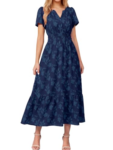 Simplee Womens Summer Boho Maxi Dress Semi Formal Wedding Guest Short Sleeve V Neck Empire Waist Floral Long Dresses Navy Blue L