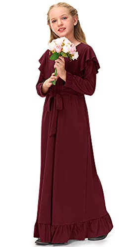 Besserbay Child Girl Solid Burgundy Casual Loose Tie Front Maxi Dress Long Sleeve Crew Neck Elegant Ruffle Fall Dress 11-12 Years #TOP3