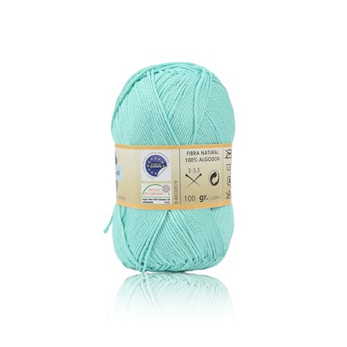 H HANSEL HOME Ovillo de Algodón Premium 100% Natural - Perfecto para Tejer y Ganchillo, Ideal para Crochet y Amigurumi, Verde Agua, 100gr, 220m