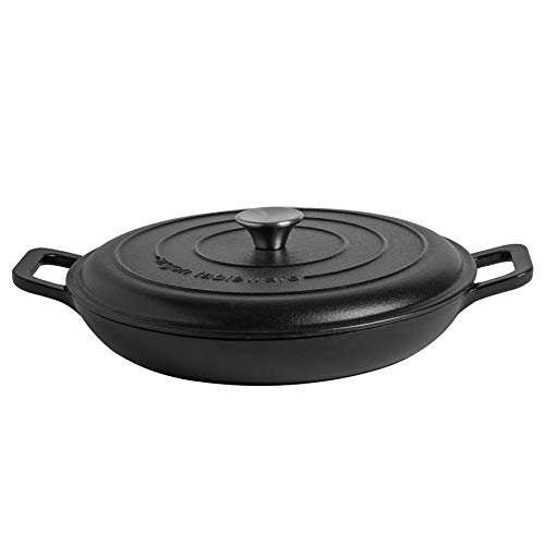 Argon Tableware Cast Iron Shallow Casserole Dish - Enameled Dutch Oven - Self-Basting Lid - Hob to Oven - 350ml - Matt Black