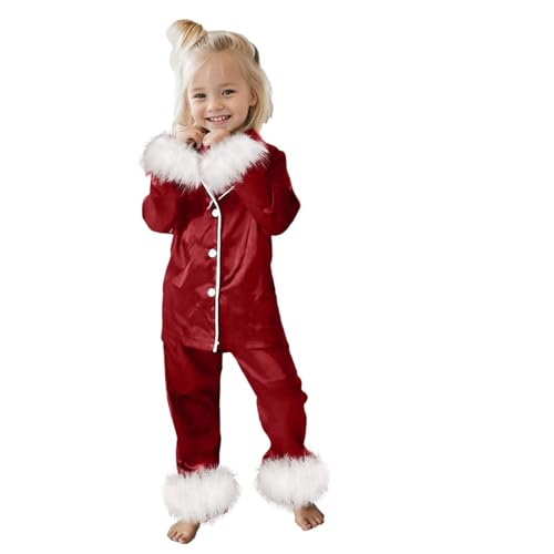 Girls Christmas Silk Satin Sets Clothes 𝐏ajamas Solid Long Sleeve Tops Pants Feather Trim Warm 𝗦leepwear Outfit4