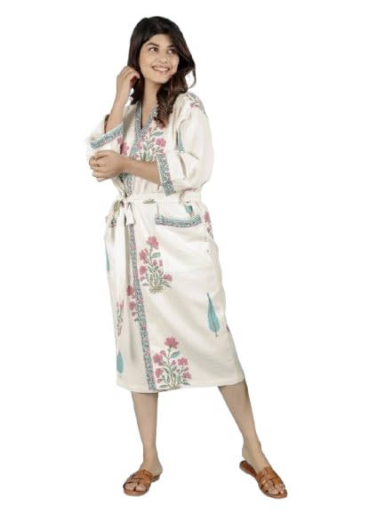 Waffle Cotton Bathrobe, Hand Block Printed Bathrobe for Men & Women, Unisex Bathing Gown for Daily Uses, Free Size Gown for Bath, Lounging & Drying Off