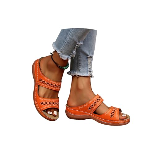 LYPHTHORIC Orange Wedge Sandals for Women Comfortable Wide Width Sandals for Women Dressy Flip Flops Arch Support Hollow out Flats Slip on Shoes Platform Wedges Summer Beach Casual Walking Shoes