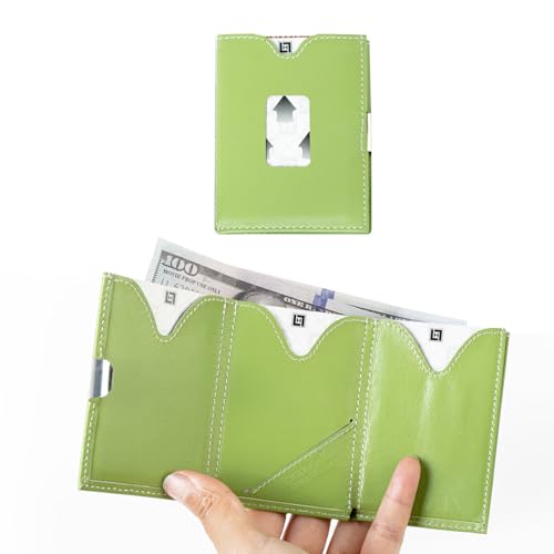 LLH Leather Trifold Wallet - RFID Blocking with Stainless Steel Locking Clip Wallet, Minimalist Front Pocket RFID Blocking Credit Card Holder (Yellow) (Green)4