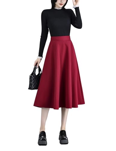 Damen Karierter Winterrock A-Linie Hohe Taille Midi Wollrock Weinrot S