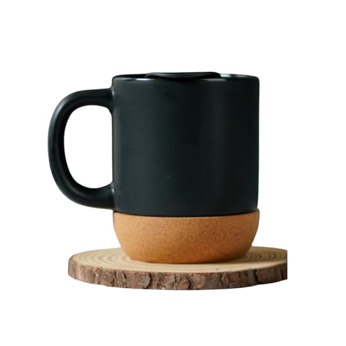 Image of Matte Black Ceramic Coffee Mug with Cork Base & Spill-Proof Lid | 350 ml Office & Home Coffee Cup | Mug for Hot & Cold | Anti-Slip Wood Bottom Tea for Desk, Travel & Gifting