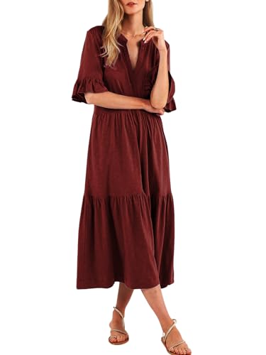 Short Sleeves Maxi Dress for Women A Line Summer Dress V Neck Casual Loose Tiered Long Dresses with Pockets