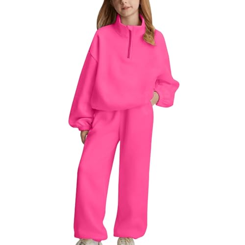 Girls Half Zipper Sweatshirts Set Plain Fleece 2 Piece Baggy Sweatpants Pullover Tops Sweatsuits (Hot Pink, 12-13 Years)